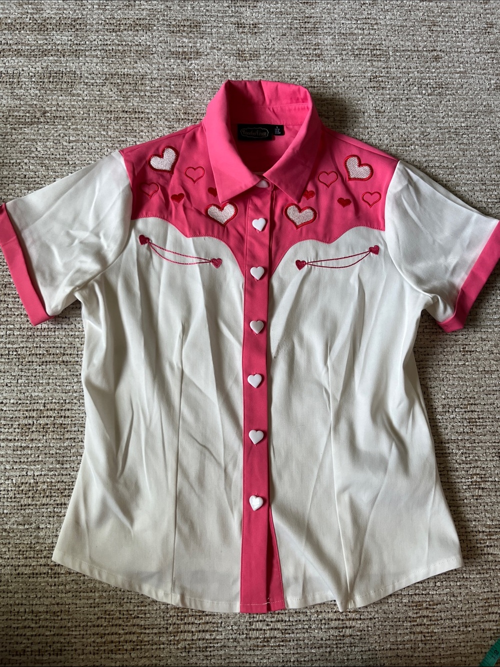Voodoo Vixen Western Heart-Embroidered Pink & White Button-Down Shirt
